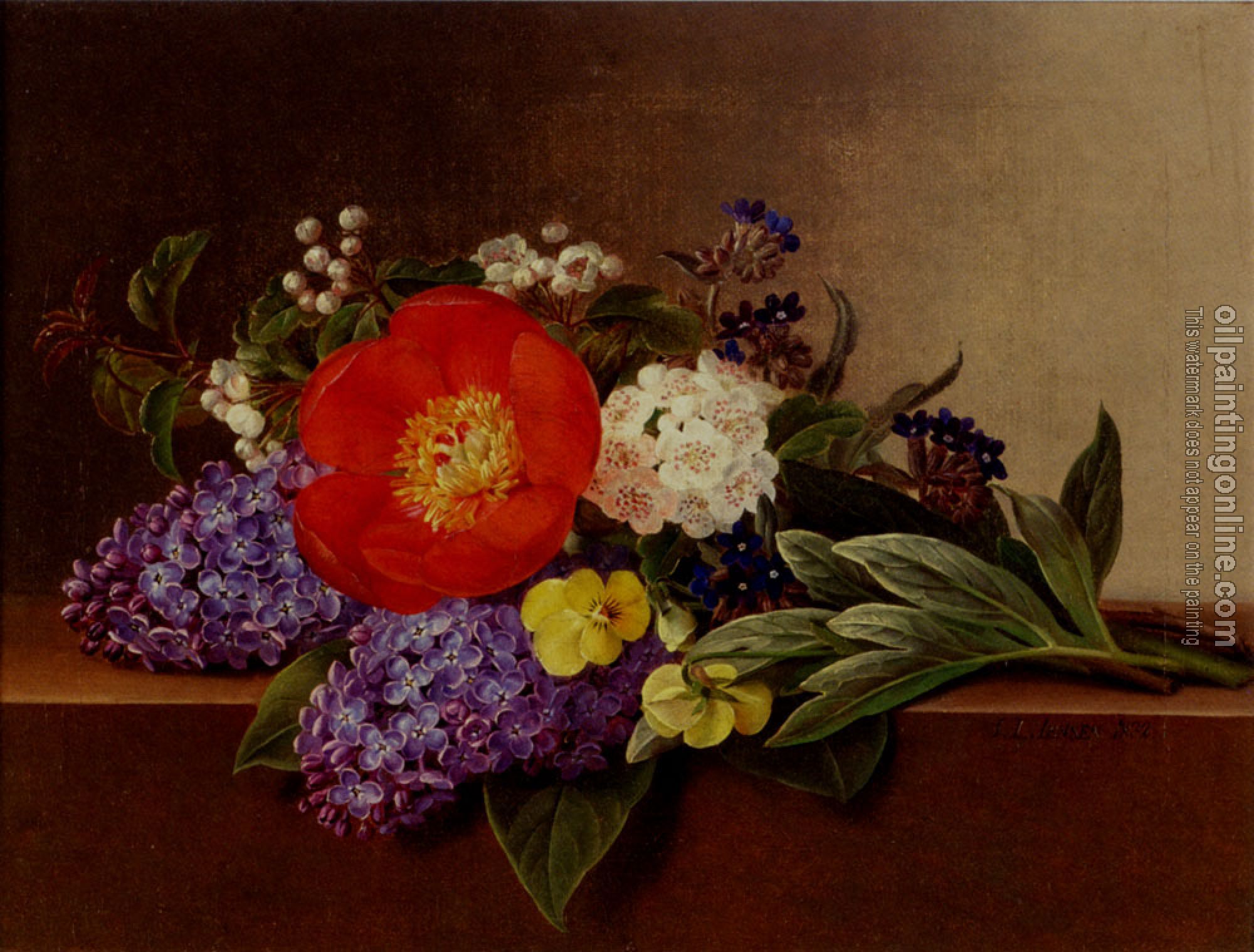 Johan Laurentz Jensen - Lilacs Violets Pansies Hawthorn Cuttings And Peonies On A Marble Ledge